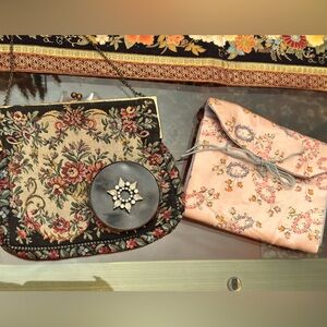 Vintage Boudoir LOT Compact, Petit Point Handbag Made In France Jewelry Roll 50s